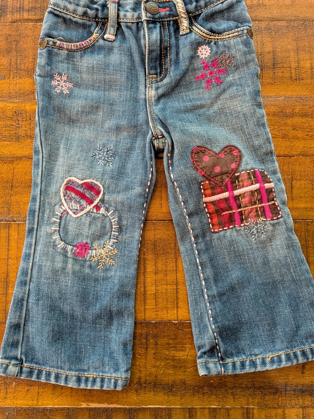 GAP Girls Blue Denim Flare Jeans with Pink & Red Heart Patches